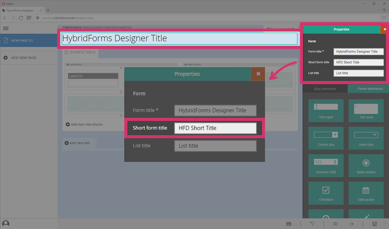 HybridForms Designer Form title, short title and list litle